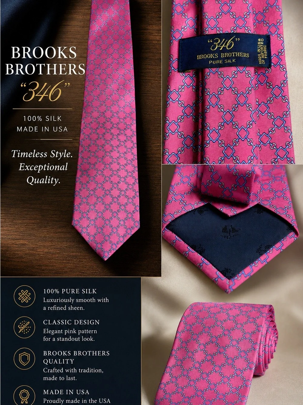Brooks Brothers Pink Silk Tie with Blue Geometric Chain Pattern